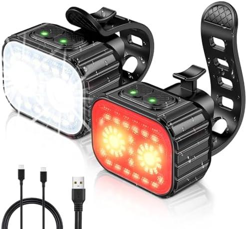 Bike Lights, Rechargeable Bicycle Lights Set Super Bright 8+12 Modes, IPX6 Waterproof Bike Lights for Night Riding/Cycling Safety, Front and Back Taillight Reflectors, 58 Hrs Long Battery Life