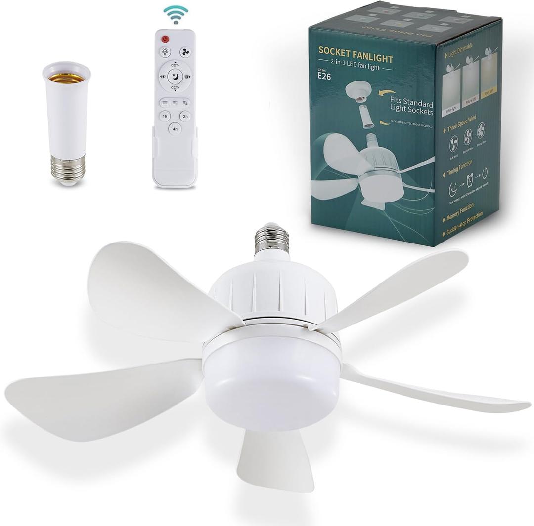 Socket Fan Light with Remote, Dimmable LED Ceiling Fans with Lights, 15" Screw in Socekt Fans and Socket Extender, 3 Colors 3000K-6500K, Replacement Light Bulb Fan for Kitchen Garage Bedroom, White