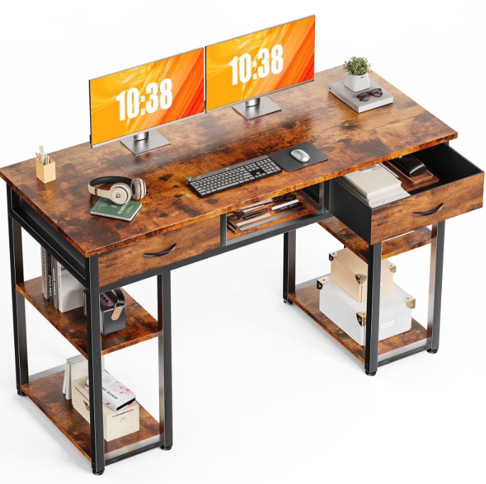 CONCETTA 48 inch Small Desk with Fabric Drawers & Storage Shelves, Computer Desk, Writing Desk for Home Office, Bedroom, Rust Brown