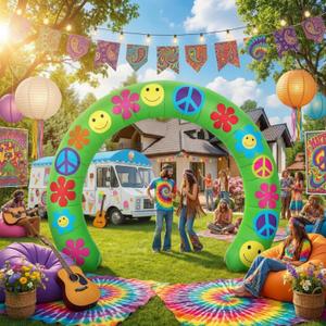 Gilprop 10 ft Inflatable Decorations with Build-in LEDs Blow up Arch Kit Outdoor Inflatable Archway Decorations for Yard Lawn Garden Party Decor(60's Hippie Party)