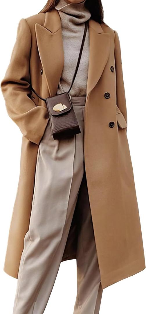 IDEALSANXUN Womens Long Wool Coats Fall Winter Double Breasted Trench Coat Peacoat (Medium, Camel)