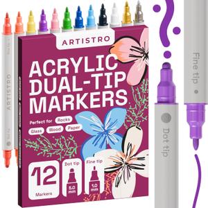 ARTISTRO 12 Dual Tip Acrylic Paint Markers, Acrylic Paint Pens, Fabric Markers for Textile, Rock, Glass, Wood, Paper, Ceramic, Canvas DIY Art Supplies Kit for Kids and Adults (Dual Tip Dot + Fine, 12)