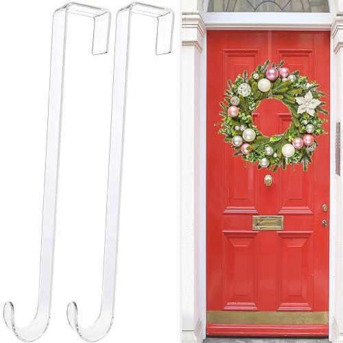 Wreath Hangers for Front Door,12" Clear Wreath Door Hanger,2 Pack Wreath Hanger Non Scratch Over The Door Hooks Easter Halloween Christmas Decorations Indoor Outdoor,Welcome Sign for Front Door Decor