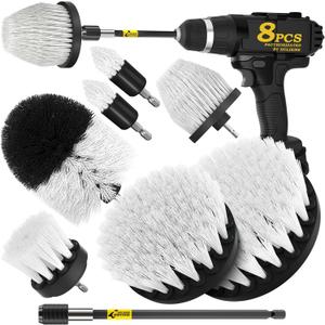 Holikme 8 Piece Drill Brush Attachment Set, Power Scrubber with Extend Long Handle, Cleaning Supplies for Shower, Bathtub, Bathroom, Kitchen (White)