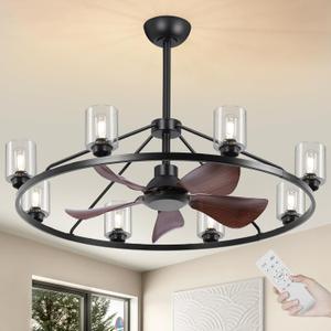 44" Black Walnut Wagon Wheel Chandelier Ceiling Fan with Light, Large Farmhouse Fandelier Fans with Glass Lampshade, Adjustable, Large Rustic Light Fixture with Fans for Dining Room Living Room