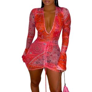Women's Sheer Mesh Cover Ups Long Sleeve Bodycon Ruched Beach Dress for Swimwear, Size XL