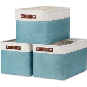 DULLEMELO Storage Baskets for Shelves, Fabric Collapsible Rectangular Storage Bins for Shelves, Closets, Nursery, Home, Empty Gift Baskets (3-Pack Medium-15 inch X 11 inch X 9.5 inch , White&Teal)