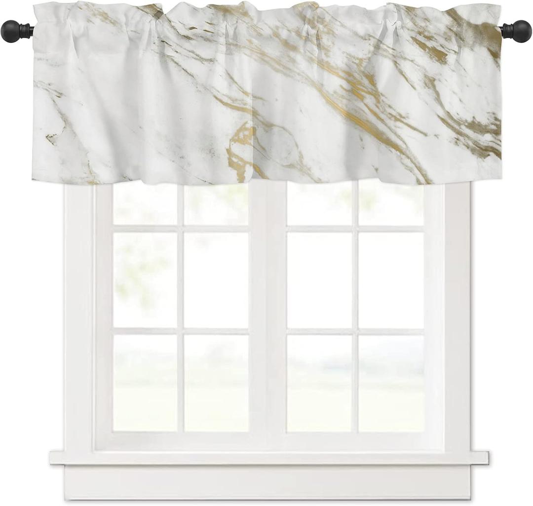 Savannan Marble Curtains Valances, Marble Texture White Gold Abstract Art Rod Pocket Cafe Valance Short Window Curtains for Kitchen, Bedroom, Living Room, 1 Panel, 54"X18"