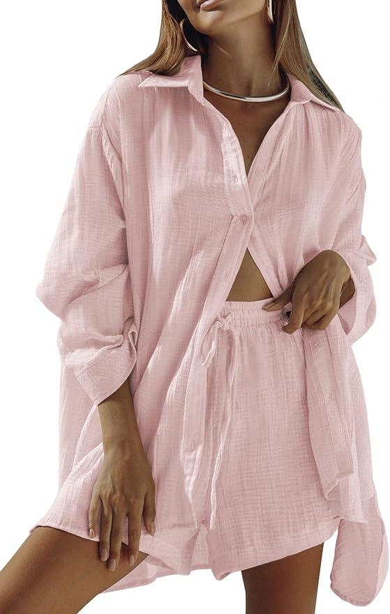 Fixmatti Women 2 Piece Outfits Long Sleeve Button Down Blouse and Shorts Sweatsuit Sets (M)