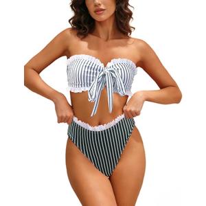 Women's Strapless Tube Bandeau Bikini Sets Bow Front High Waist Two Piece Swimsuit M