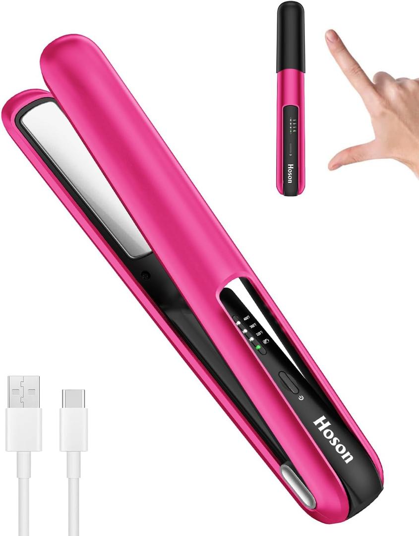 Hoson Cordless Hair Straightener,Portable Mini Flat Iron Travel for Bangs,Short Hair, Rechargeable Curling Iron and Curler 2 in 1,Hot Pink,for Touch Ups
