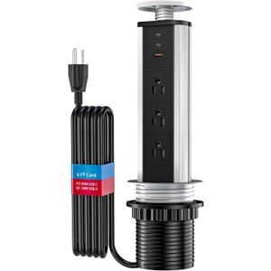 BTU 20W Pop Up Outlet for Kitchen Countertop, Retractable Recessed Outlet with 3 AC Outlet, 2 USB A Ports and 1 USB C Port for Kitchen Countertop Conference Office Recessed Power Outlet, Black &Silver