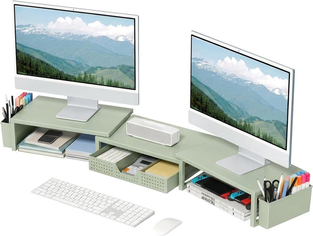 OPNICE Desk Organizers and Accessories, Dual Monitor Stand Riser with Drawer and 2 Pen Holders, Desk Shelf Metal Computer Monitor Stand for Office Workspace Organizers, Desktop Organization (Green Metal)
