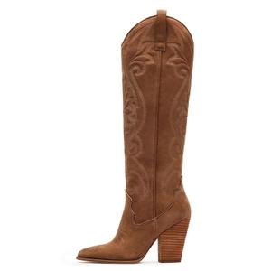 VOMIRA Knee High Cowboy Boots for Women Pointed Toe Chunky High Heels Pull-on Embroidered Boots Western Boots Wide Calf Cowgirl Boots 8.5