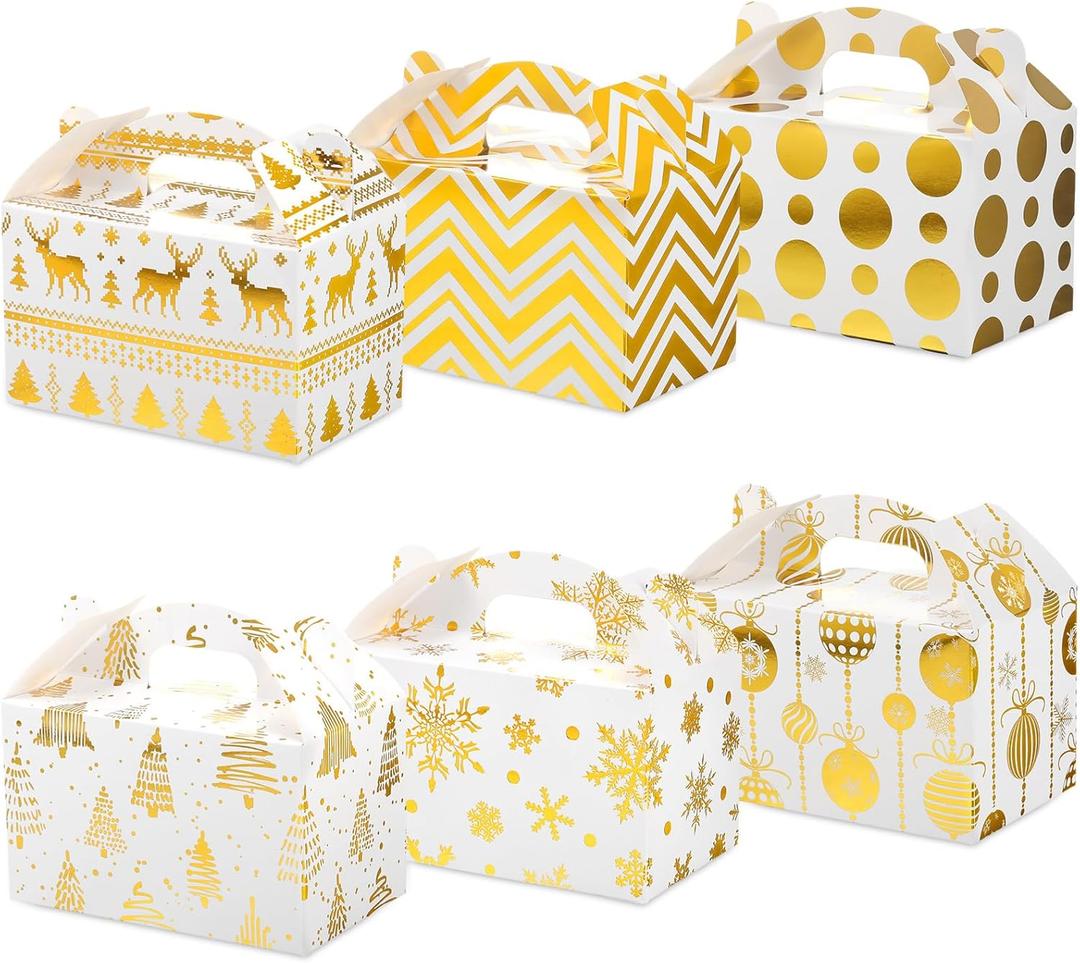 Faccito 24 Pack Christmas Treat Boxes Xmas Cardboard Gable Goody Candy Cookie Boxes Foil Gift with Handles for Gift Wrapping Holiday Party Favor Present Supplies, 6 Designs(Gold)