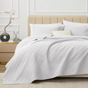 King Size Quilt Set Squares Pattern Bedding Set Lightweight White