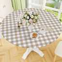 Smiry Round Picnic Tablecloth, Elastic Waterproof Fitted Vinyl Tablecloths for 36"-44" Tables, Flannel Backed Buffalo Plaid Table Cover for Dining, Camping, Outdoor, White and Khaki