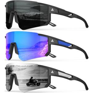 Polarized Sports Sunglasses for Men Women, UV400 Protection Mens Sunglasses Wrap Around Sun Glasses for Cycling Running (A03-grey/Drak Blue/Sliver)