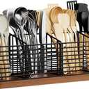 Large Utensil Holder for Kitchen Counter with 4 Compartments, Matte Black Metal Holder with Wooden Base Cooking Utensil Organizer for Spatula Utensil Crock Caddy