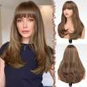 FESHFEN Long Wigs with Bangs, Synthetic Natural Looking Layered Straight Hair Wig for Women Daily Party Use 18 inch, Brown Mixed Blonde