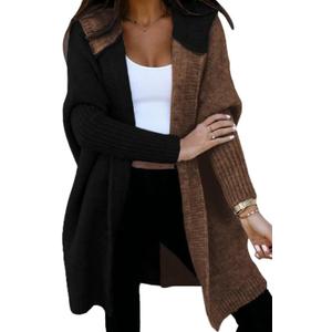 Astylish Women 2026 Fall Outfits Open Front Long Sleeve Hooded Knit Cardigan Sweaters Color Block Outwear Coats (XXL)