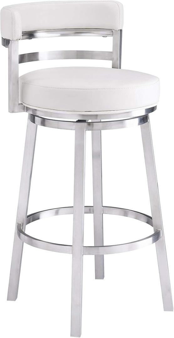 Armen Living Madrid 26" Counter Height Swivel Modern White Faux Leather and Brushed Stainless Steel Bar Stool