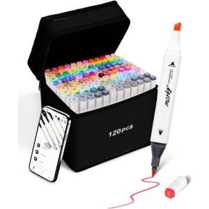 120 Colors Alcohol Markers with Free App, Chisel & Fine Tip Alcohol-Based Marker Set for Adults, Dual Tip Artist Markers for Drawing, Coloring Illustration, Painting and Great Gift Idea