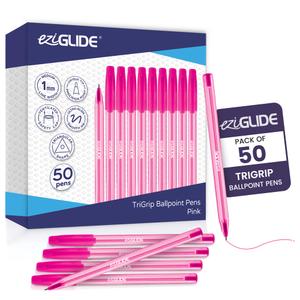 Eziglide TriGrip Ballpoint Pens Ink 50-Pack, Ballpoint Pens Multipack, Medium Point (1.0mm) for Smooth Handwriting & Consistent Flow Triangular Barrel Pens for School, Home & Office (50, Pink)