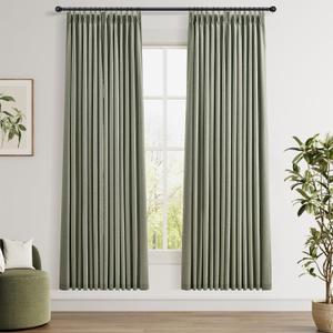 Sage Green Pinch Pleat 100% Blackout Linen Curtains 72 Inches Long 2 Panels Set Thermal Insulated Pleated Linen Curtains for Bedroom Living Room Darkening Pleat Drapes with Hooks Rings Clips 40x72