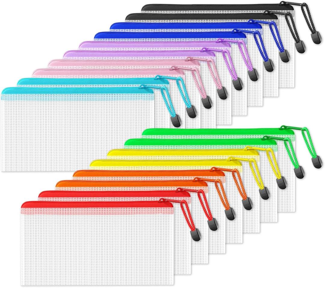 SUNEE Plastic Mesh Zipper Pouch 4.6x9.2 in (9 Colors, 18 Packs), Plastic Pencil Pouches, Multipurpose Travel Bags, for Office Supplies Bills Cosmetics Travel Accessories& Games Organizing Storage (Multicolored)