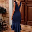 PRETTYGARDEN Women's Elegant Midi Bodycon Dress Sleeveless Backless Ruffle Hem Mermaid Formal Cocktail Wedding Guest Dresses (Navy,Large)