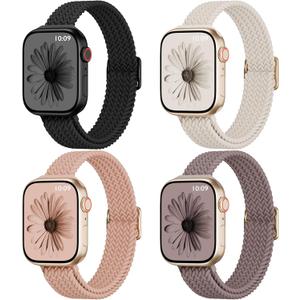 4 Pack Slim Braided Stretchy Compatible with Apple Watch Band 38mm 42mm 40mm 44mm 41mm 45mm 46mm 49mm Women Men, Solo Loop Nylon Thin Strap for iWatch Series 11 10 9 8 7 SE 6 5 4 3 Ultra (Black/Starlight/Nude Pink/Smoke Violet)
