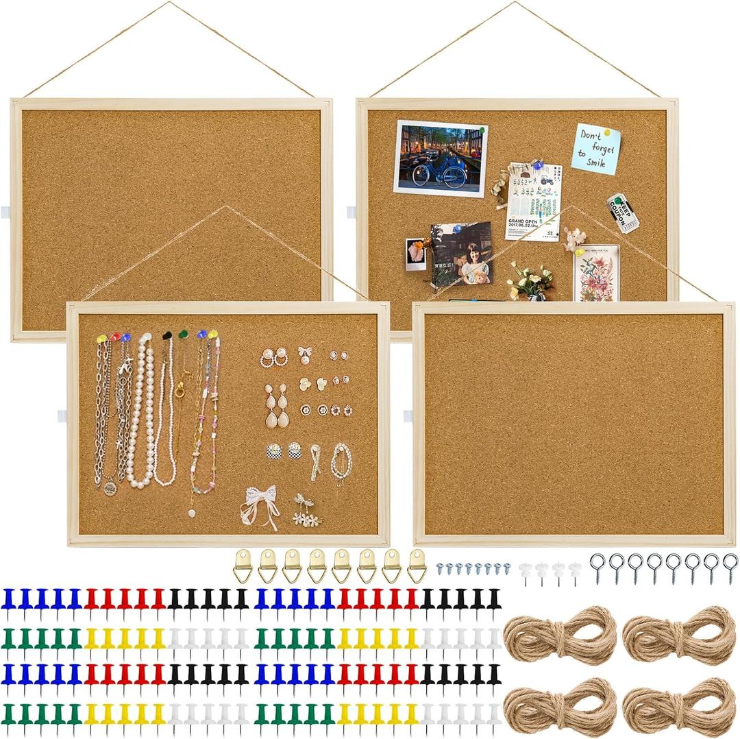 Lyellfe 4 Pack Cork Bulletin Boards, 15.7 x 12 Inch Thick Cork Tiles with Frame Push Pin Hanging Rope, Double Side Rectangle Message Notice Board for Office School Home Decor