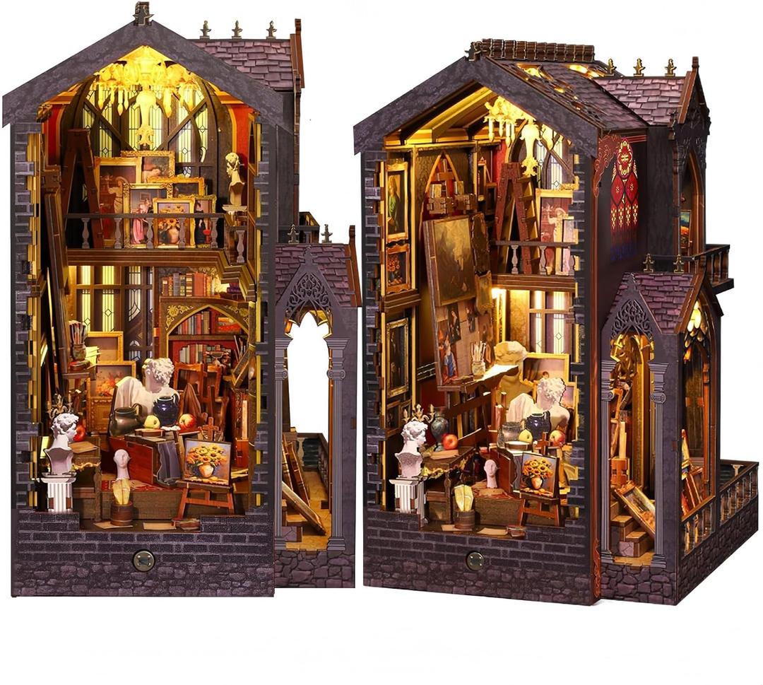 Booknooks kit for Adults - Art Studio Book Nook Kit | Miniature Artist Atelier 3D Puzzle | Vintage Oil Painting Bookshelf Decor with LED | Unique Creative Gifts for Art Lovers (Gray)