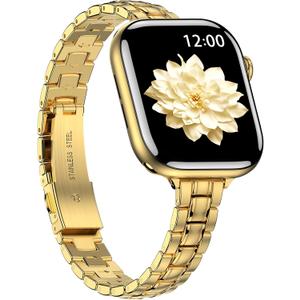 Narrow Metal Band Compatible with Apple Watch Bands 38mm 40mm 41mm 42mm 44mm 45mm 46mm 49mm (Series 11 10 9 8 7 6 5 4 3 2 1 SE Ultra), Dressy Thin Stainless Steel iWatch Bands for Women (Gold)