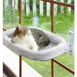 Cat Window Perch, Cat Hammock for Wall with 4 Strong Suction Cups, Solid Metal Frame and Two Replaceable Covers, Foldable Cat Beds for Indoor Cats (Large-Cushion Bed-Gray)