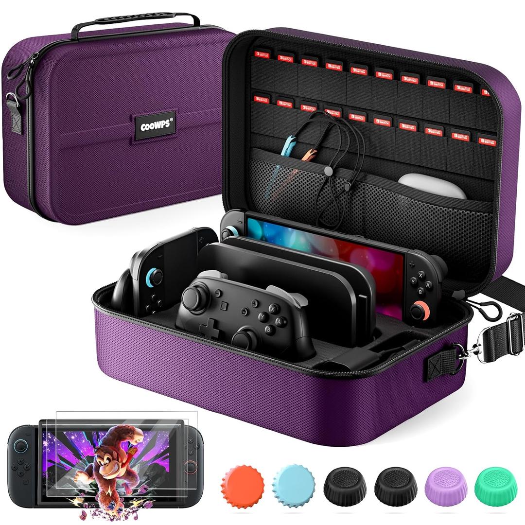 COOWPS Switch 2 Case Bundle for Nintendo Switch 2, with 2-Pack Screen Protector, 6Pcs Thumb Grips, 20 Game Card Slots, Portable Travel Full Protection All In One Storage Case for Switch 2 Accessories