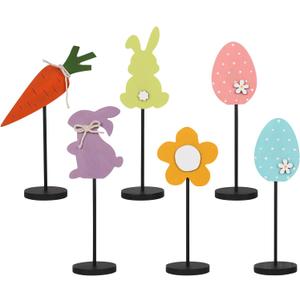 JIALEIXI 6PCS Wooden Easter Decorations, Spring Bunny Rabbit Egg Flower Table Sign, for Home Indoor Party Holiday Summer Farmhouse Decor (Blue-Yellow-Purple-Pink-Light Green-Orange)
