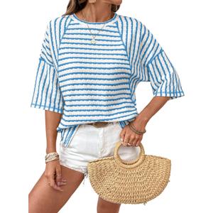 Dokotoo Womens Summer Tops Oversized Tshirts for Women Striped Color Block Short Sleeve T Shirts Crewneck Casual Tee Blouses (XXL)
