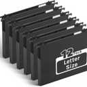 Ansook Extra Capacity Plastic Hanging File Folders,1" Expanding Accordian Pocket,Heavy Duty for Filing Cabinet, Hard and Durable Hang Folders,Insertable Tabs,Letter Size,Black- 12 Pack