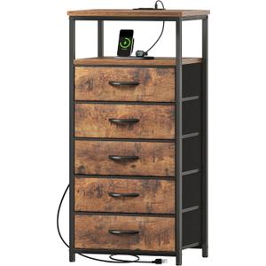 Huuger 5 Drawers Dresser with Charging Station, Dresser for Bedroom, Tall Night Stand, Chest of Drawers with Open Shelf, Bedside Table Nightstand, Fabric, for Entryway, Rustic Brown