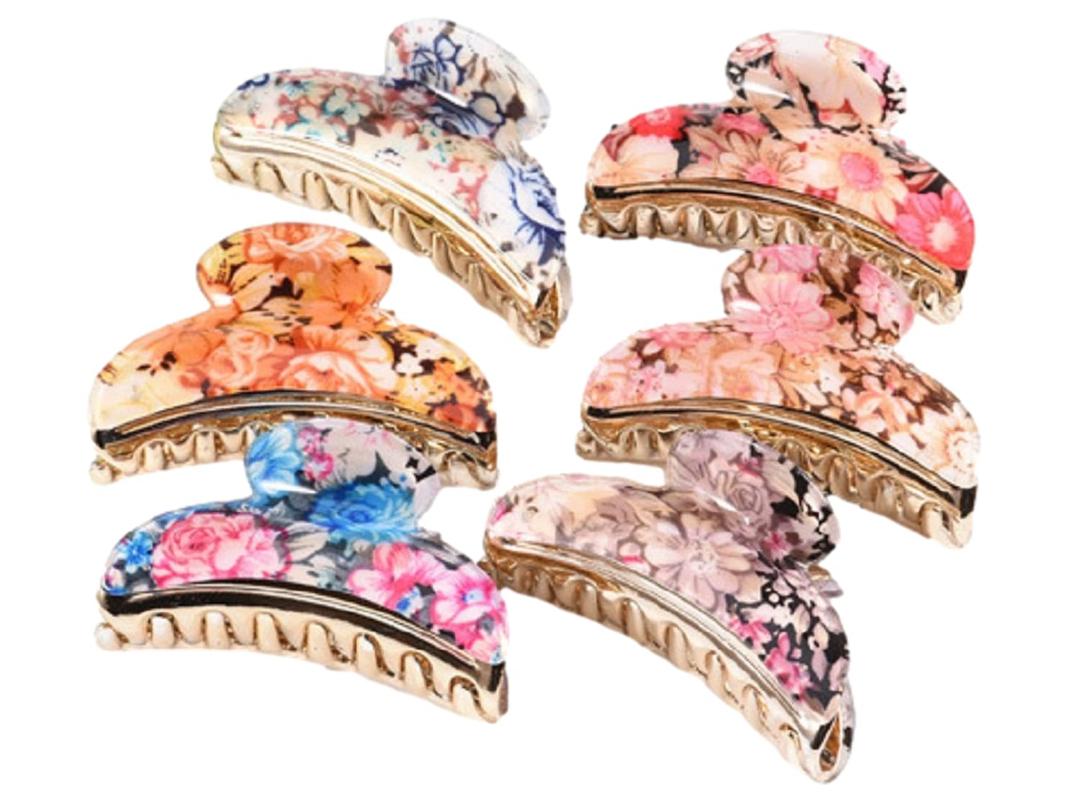 GK-O 6Pcs Woman Floral Pattern Large Arylic Hair Claw Clip Clamp 6 Colors Bath Shower Hair Ponytail Hairpin Stall Accessories