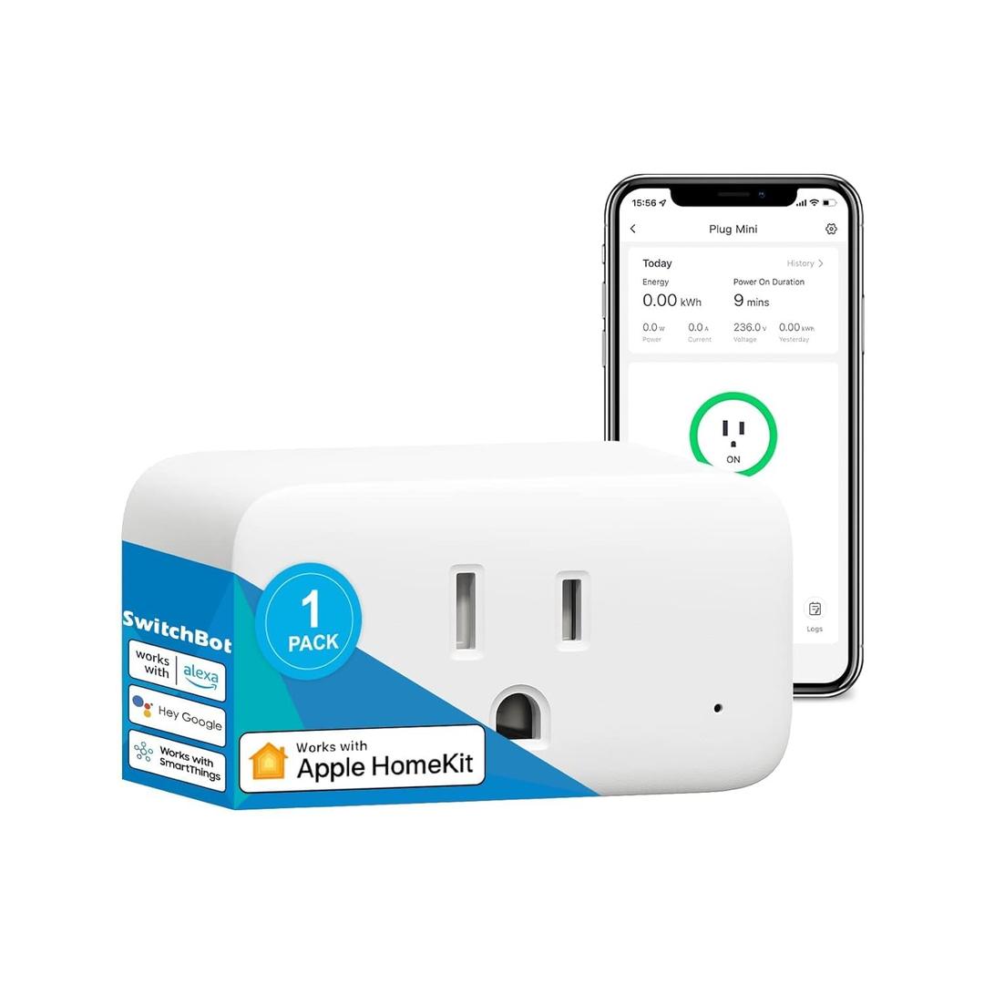 SwitchBot Smart Plug Mini, 15A Energy Monitoring, WiFi & Bluetooth Outlet, Compatible with Alexa, Google Assistant, Home Assistant, App Control, Timer Function, No Hub Required, Compact Design