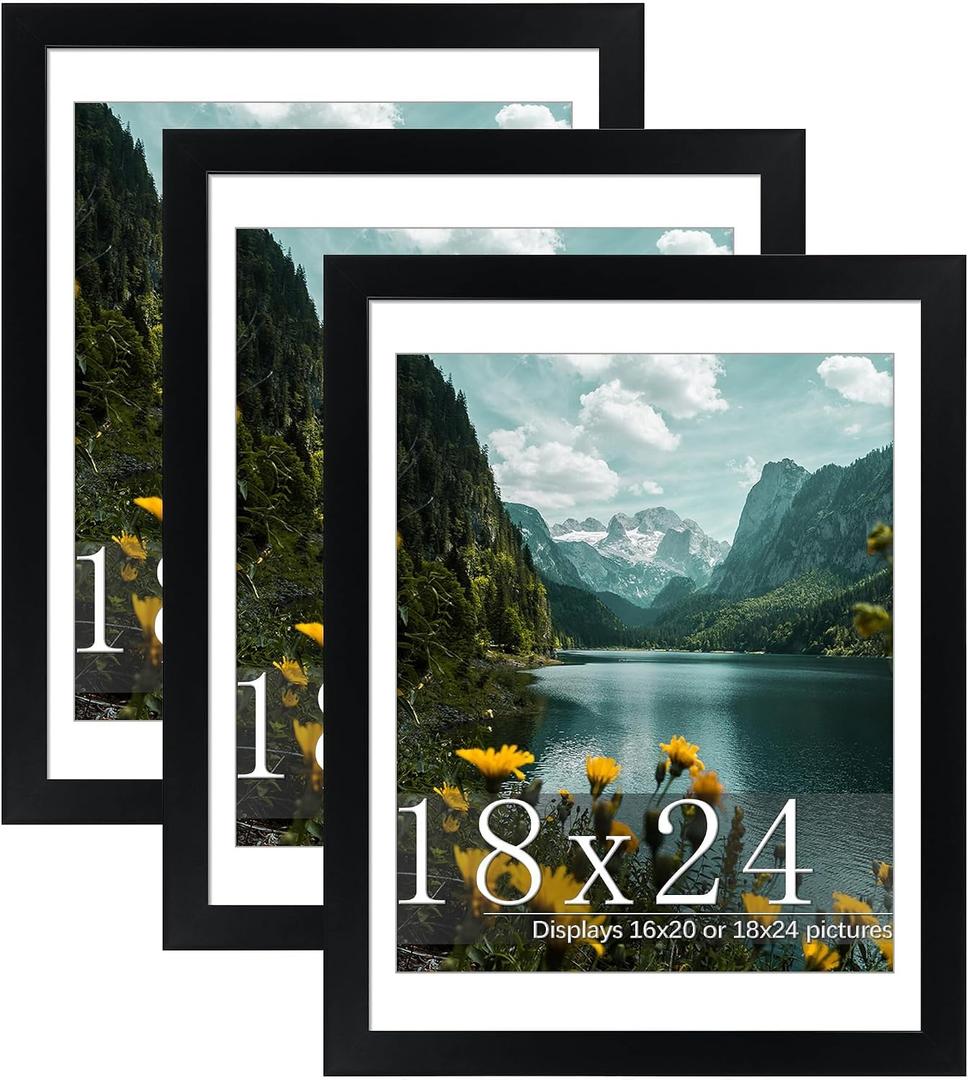 Picrit 18x24 Picture Frame 3 Pack, Black Poster Frame, Display Poster 16 x 20 with Mat or 18 x 24 without Mat for Horizontal or Vertical Wall Mounting
