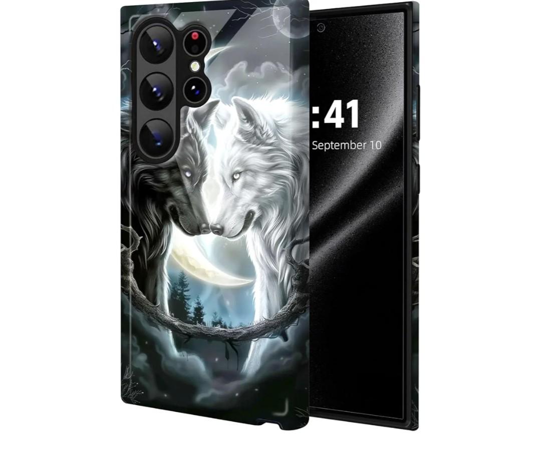 ETLKJVBL for Samsung Galaxy S25 Ultra Case, Black White Wolf High-Definition Painted Glass Back Cover with Soft Silicone TPU Bumper, Shockproof Protective for S25 Ultra Phone Case