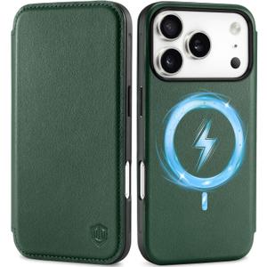 SHIELDON Slim Genuine Leather Wallet Case for iPhone 17 Pro 6.3 Inch 5G 2025 | Wireless Charging | RFID Blocking Credit Card Holder | Magnetic Closure | Full Protective Phone Cover | Evergreen