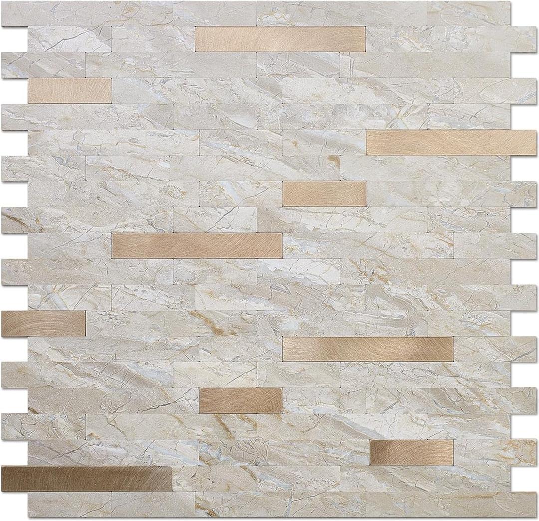 DICOFUN 10 Sheets Marble Look Peel and Stick Backsplash Wall Tile, PVC Kitchen Backsplash Peel and Stick in Light Brown, 9.4 sq.ft (Light Brown with Metal Gold)