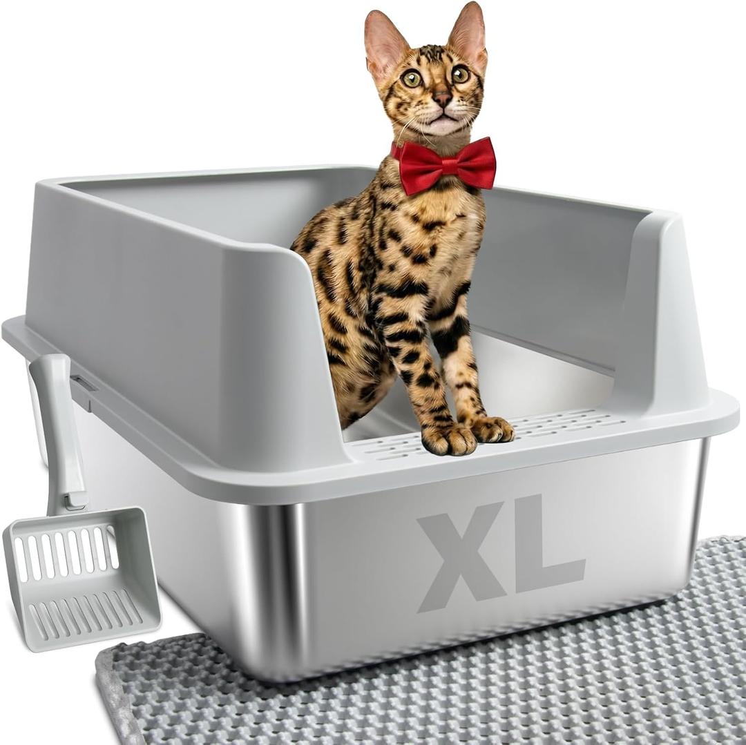 Stainless Steel Litter Box, Extra Large Litter Boxes for Big Cats, XL Metal Cat Litter Box with High Sides Lid, Anti-Urine Leakage, Never Absorbs Odors, Easy Cleaning, Non-Stick, Include Scoop and Mat (1pcs-XL:23"x14.6"x10")