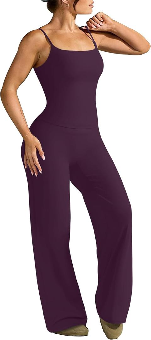 OMKAGI Workout Sets for Women Padded Tank Tops Matching Straight Leg Yoga Outfits 31 inseam pants, Medium, Deep Purple