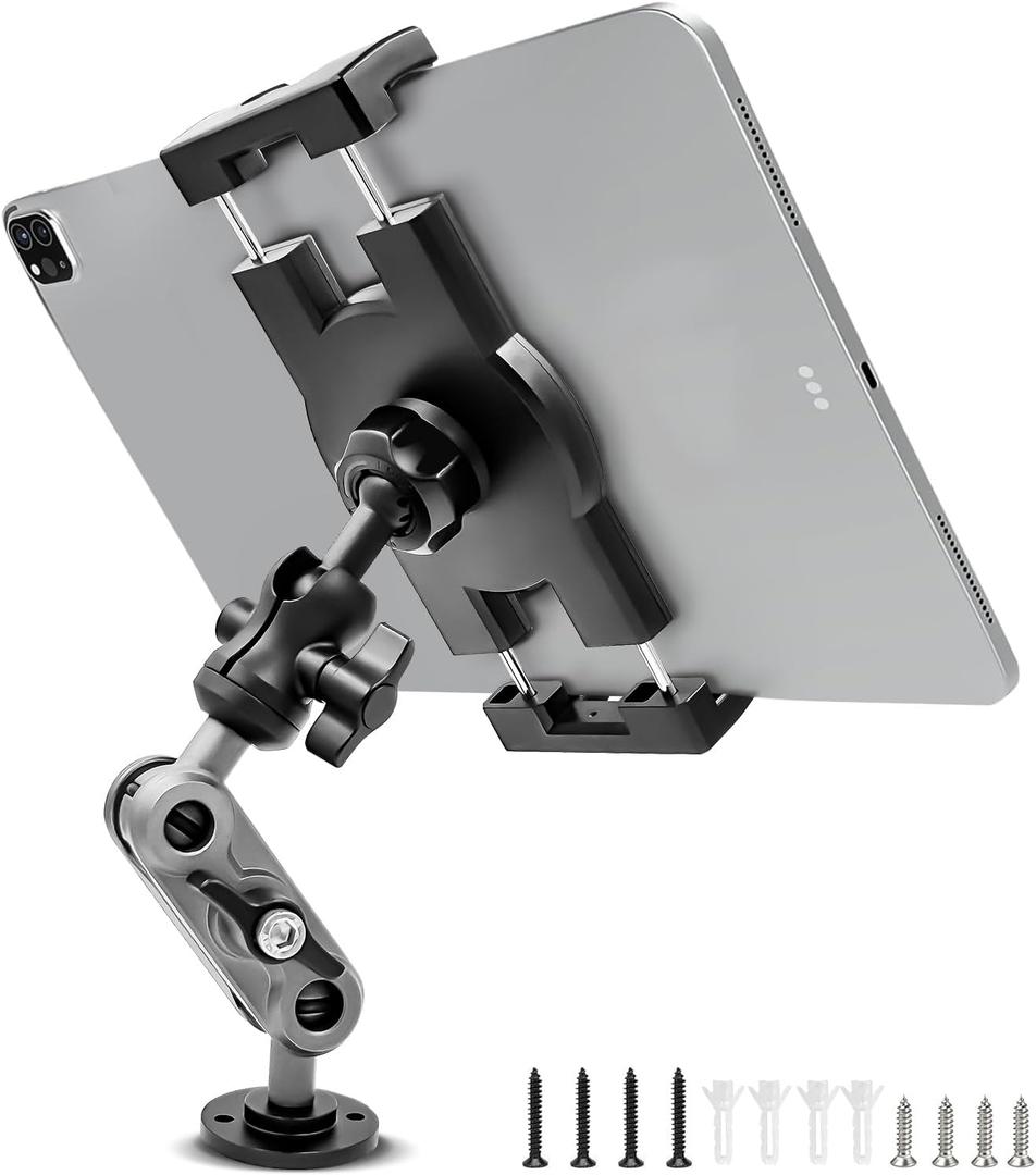 Aluminum Heavy Duty Drill Base Tablet Holder Car Mount Dashboard, 360 Adjustable 2-Stage Stand for 4.7-12.9" iPad Pro/Air/Mini/Samsung Galaxy Tab, for Car Truck Wall Desk Commercial Vehicle